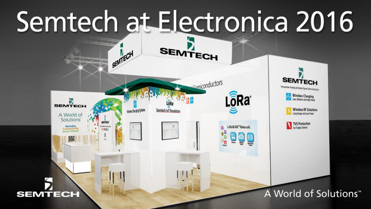 Semtech Features LoRa Technology and New Wireless Charging Platforms at electronica
Semtech’s comprehensive portfolio of next-generation analog/mixed-signal ICs includes breakthrough products for power management, protection and the Internet of Things