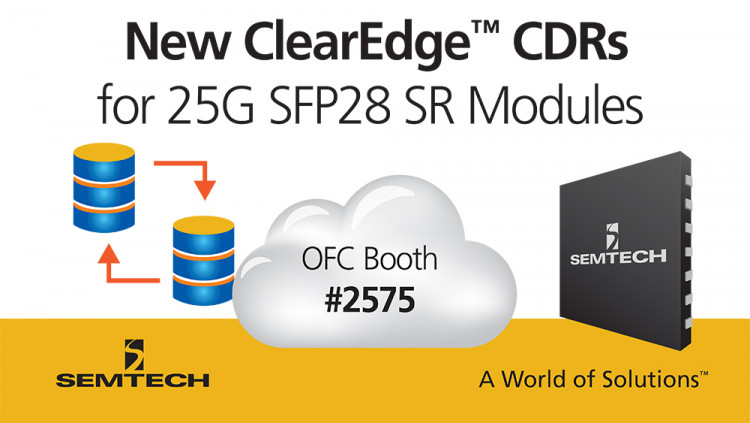 Semtech Expands Its ClearEdge™ CDR Portfolio for Low-Cost 25G SFP28 SR Modules and Active Optical Cables
Integrated CDRs for 25G SFP28 SR modules and AOCs demonstrated at OFC 2017